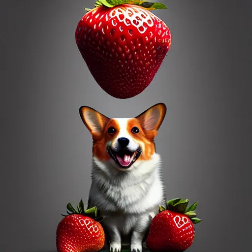 Image similar to corgi as a strawberry : by michal karcz, daniel merriam, victo ngai and guillermo del toro : ornate, dynamic, particulate, intricate, elegant, highly detailed, centered, artstation, smooth, sharp focus, octane render