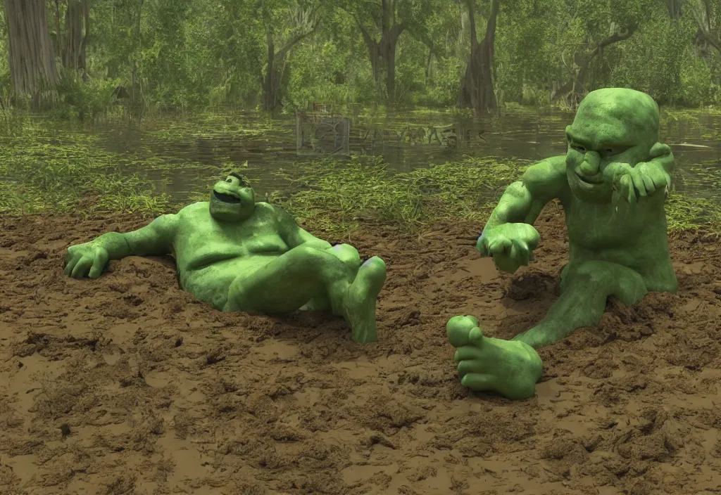 Prompt: big green man living in a swamp. his house is little and made of wood. he takes a bath in the mud. high quality 3 d render, dreamworks animated film style. 5 0 mm lens