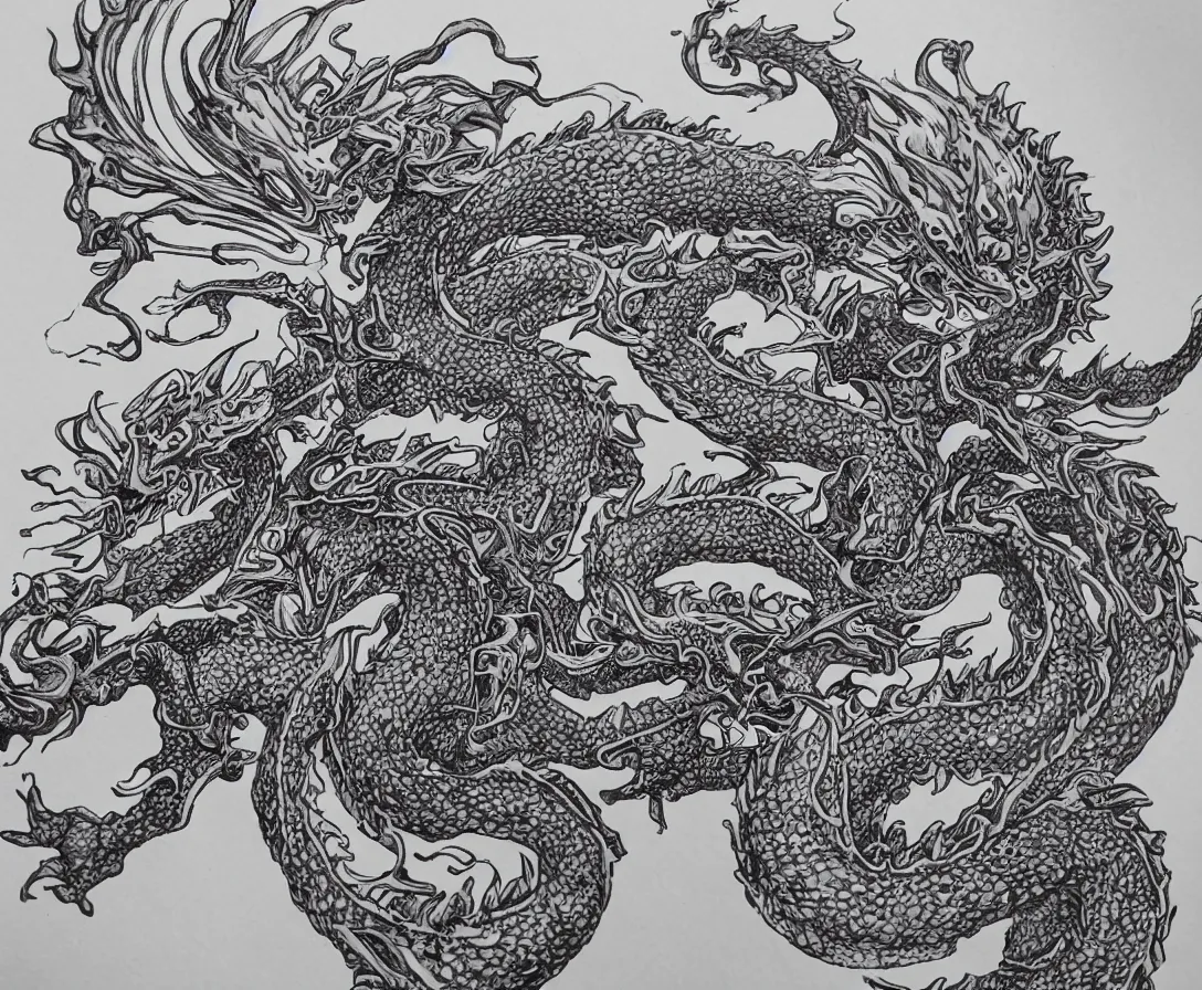 Prompt: an intricately detailed dragon, made from tiny swirls of ink