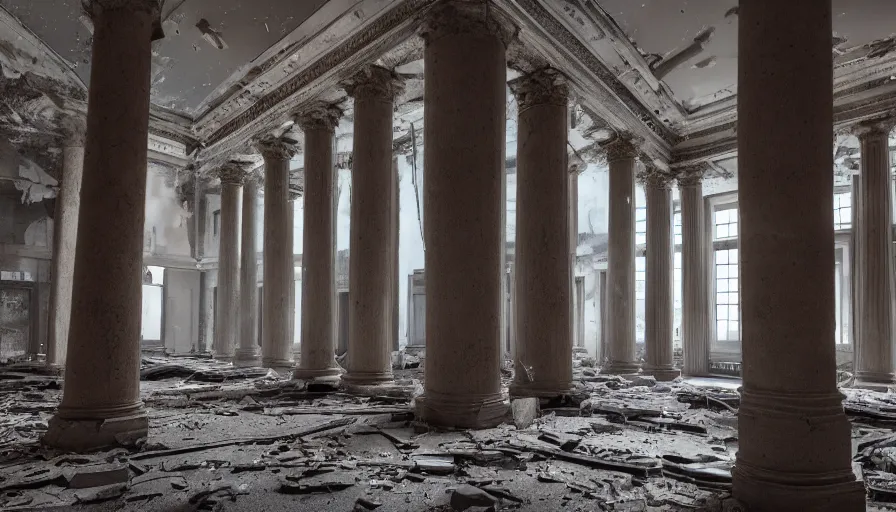 Prompt: interior of the abandoned capitol in washington dc, cobwebs and dust, collapsed ceiling, broken glasses, damaged columns, hyperdetailed, artstation, cgsociety, 8 k