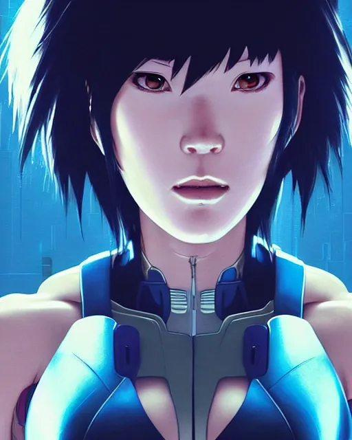 Image similar to weta disney pixar movie still portrait photo of motoko kusanagi the major ghost in the shell : : as cyborg woman by pixar : : by weta, wlop, ilya kuvshinov, rossdraws, artgerm, marvel, maxim cover, latex, octane render, sweaty, iridescent, bright morning, anime, liosh, mucha : :