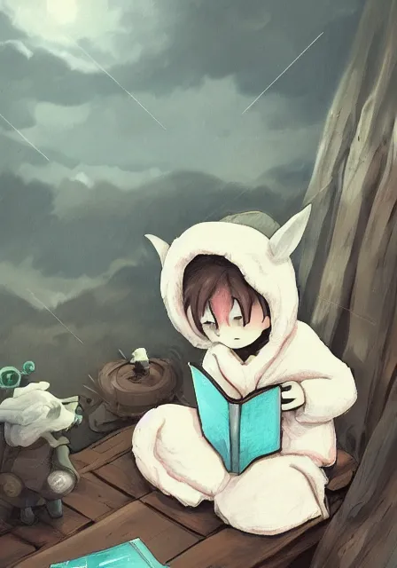 Prompt: beautiful little boy wearing sheep suit reading a book while sitting on chair, gray, blue, green and brown pallet color. made in abyss art style, inspired by kris from deltarrune, cute detailed artwork, anatomically correct, soft details, ilya kuvshinov, reflection, perfect composition, mobile wallpaper, illumination, helltaker, digital art