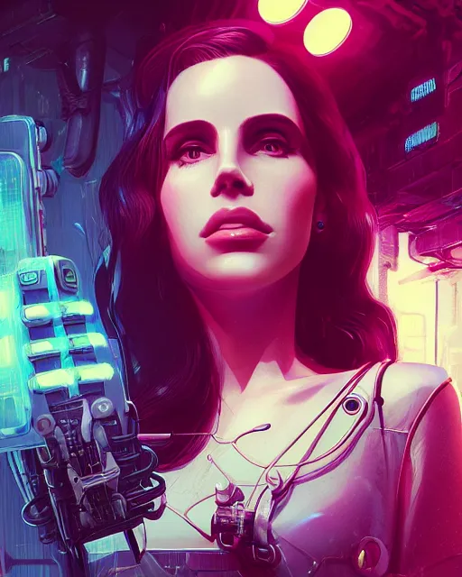 Image similar to portrait of lana del rey as a cyberpunk cyborg. roses, sci - fi, missing panels, intricate abstract upper body intricate artwork, by tooth wu, wlop, beeple, dan mumford. concept art, octane render, deviantart, greg rutkowski, cinematic, key art, hyperrealism, iridescent accents