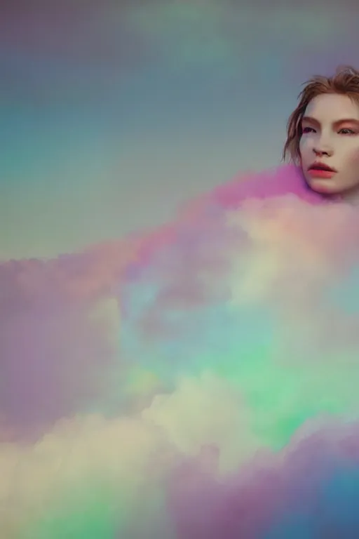 Image similar to high quality pastel coloured film close up wide angle photograph of a model wearing clothing resting on cloud furniture in a icelandic black rock!! environment in a partially haze filled dreamstate world. three point light, rainbow. photographic production. art directed. pastel colours. volumetric clouds. pastel gradient overlay. waves glitch artefacts. extreme facial clarity. 8 k. filmic.