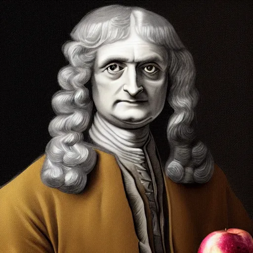 Prompt: An extremely detailed portrait of Isaac Newton in power armor holding an apple, 4k, mirror lake, highly detailed, trending on artstation