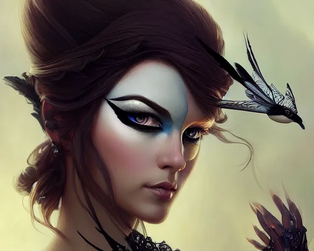 Prompt: eye makeup inspired by a magpie, deep focus, d & d, fantasy, intricate, elegant, highly detailed, digital painting, artstation, concept art, matte, sharp focus, illustration, hearthstone, art by artgerm and greg rutkowski and alphonse mucha