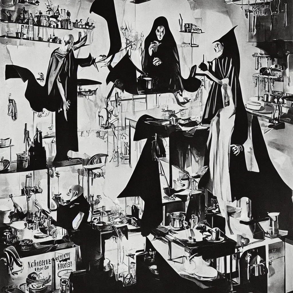 Image similar to nosferatu is cooking in a kitchen, american advertising 1 9 6 0's, photography