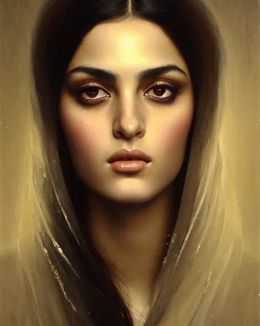 Image similar to a highly realistic, true to life portrait of a beautiful young middle eastern girl, sharp focus, from the waist up, under studio lighting, taken with a canon eos camera with 1 3 5 mm focal length, art by karol bak, james jean, tom bagshaw, trending on artstation,