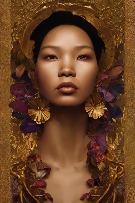 Prompt: portrait of a stunning poc woman, artstation, mymodernmet, by sangsoo jeong, by soey milk, by brad kunkle, by amir ershadi, by ben enwonwu, by alphonse mucha, gold foil aureola, divine, saintlike