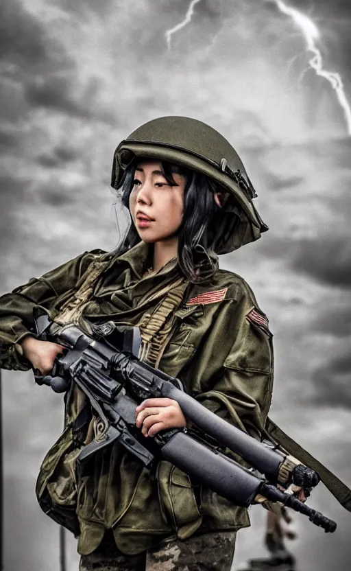 Prompt: infantry girl under heavy fire, highly detailed, explosions in background, high resolution, cosplay photo, stunning, girls frontline style, bokeh soft, shot on 7 0 mm, zenithal lightning, trending on instagram, by award winning photographer, real human faces, symmetrical facial features, modern warfare, shot with a professional camera, low saturation