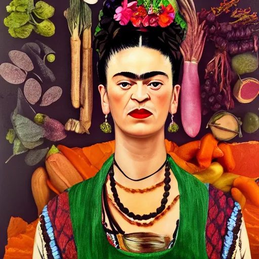 Prompt: Frida Kahlo crossed with Julia Child, 4k realistic, expressive photo, hdr