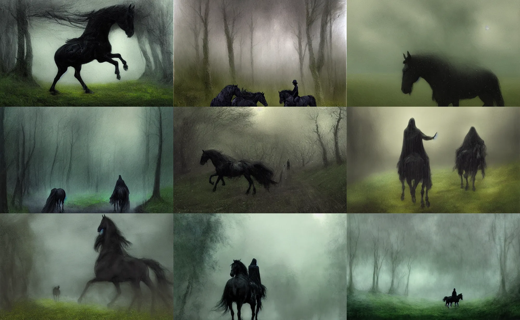 Prompt: a black cloaked figure riding upon a ominous black horse through the rain, rain soaked, dusk, dark path overhung with dark green trees, wisps of fog, by alan lee, digital art, artstation, oil painting.
