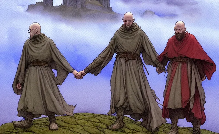 Prompt: a hyperrealist watercolour character concept art portrait of small grey medieval monks holding their hands in the air. a giant flat rock floats in the air above him. it is a misty night on the moors of ireland. by rebecca guay, michael kaluta, charles vess and jean moebius giraud