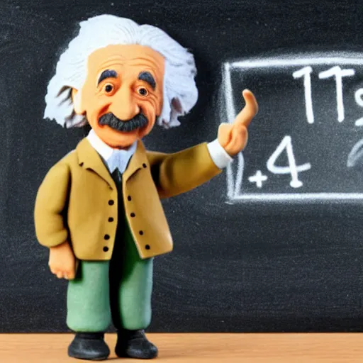 Prompt: claymation miniature scene of albert einstein pointing standing in front of miniature blackboard with lots of mathematical formulas chalked on, hands retouched