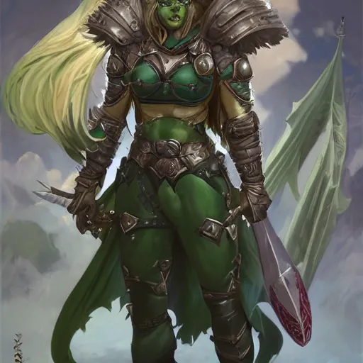 Image similar to full character portrait green orc lady in full plate armour by art style by klimt and nixeu and ian sprigger and wlop and krenz cushart