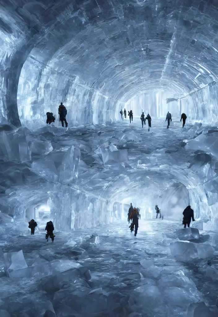 Image similar to Multiple connecting ice tunnels in antartica, multiple people moving around the tunnels, facinating and imposing, fantasy digital art, octane render, beautiful composition, trending on artstation, award-winning photograph, masterpiece