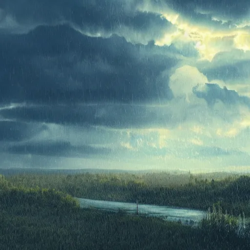 Prompt: golden clouds and rain, thunder, 4k, post-processing, very very detailed, artstation, cute