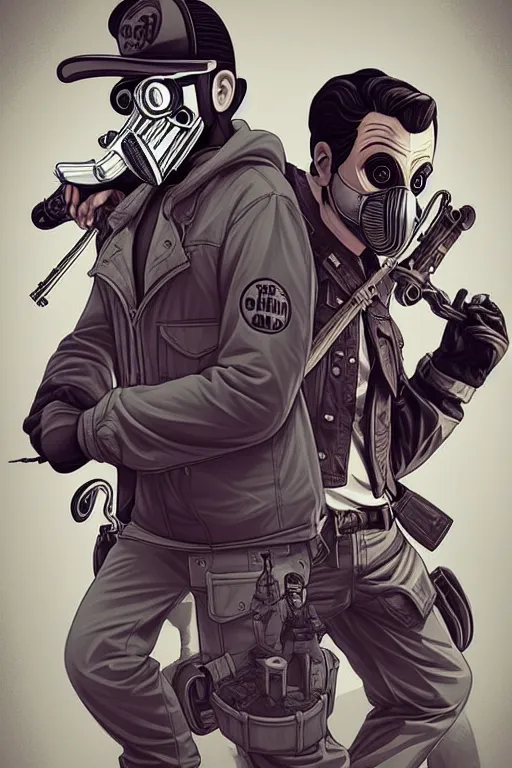 Image similar to 8 k hd wolf gangs use gray bandana, riffle, some of them use gask mask, gray hoodie, group photos, pop art, pixel, bioshock art style, gta chinatown art style, 8 k uhd character details, 8 k uhd art by artgerm richard hamilton and mimmo rottela