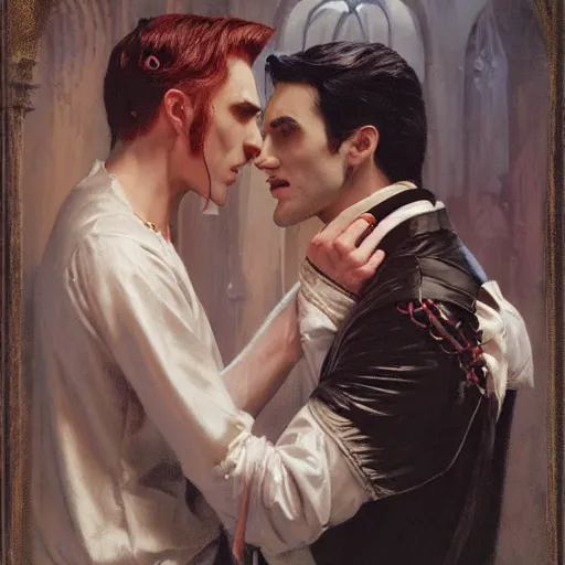 Image similar to attractive male, arthur pendragon confesses his love to attractive male dracula the vampire. highly detailed painting by gaston bussiere, craig mullins, j. c. leyendecker 8 k