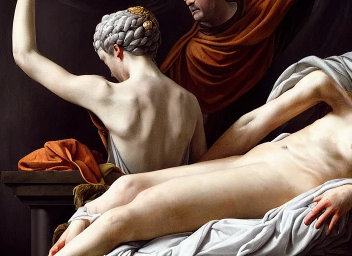 Image similar to this sorrowful picture illustrates the poignant death of lucretia which led to a revolt that overthrew the monarchy and established the republic of rome. hyperrealism, intricate details, trending on artsation