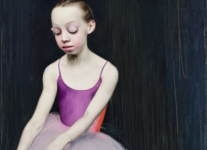 Image similar to portrait of nervous young girl ballerina sitting on the floor focusing in a dance hall by beeple and hernan bas and francis bacon and pat steir and hilma af klint, psychological, photorealistic, symmetrical face, dripping paint, washy brush, matte painting, rendered in octane, altermodern, masterpiece