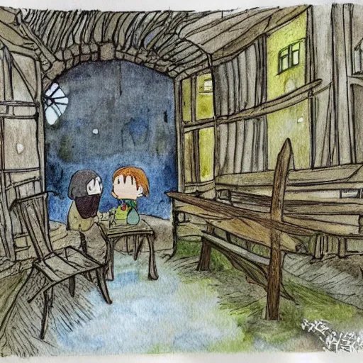 Prompt: interior, the hall in the castle decorated for halloween, in a small clearing among trees, drawn by hayao miyazaki, watercolor illustration for a book