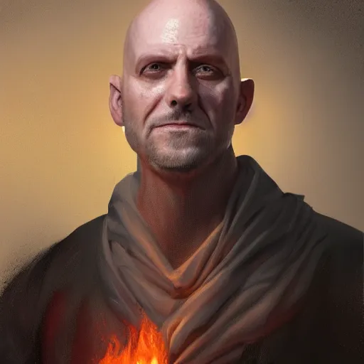 Image similar to an artstation trending portrait painting of a bald english man standing in front of a building on fire, octane render