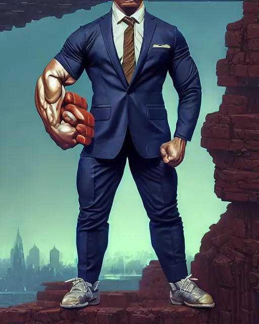 Image similar to luigi bodybuilder in a expensive suit, ernest khalimov body by krista sudmalis, fantasy character portrait, ultra realistic, futuristic background by laurie greasley, concept art, intricate details, highly detailed by greg rutkowski, ilya kuvshinov, gaston bussiere, craig mullins, simon bisley