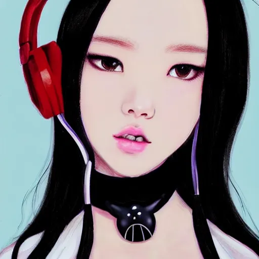 Image similar to realistic beautiful gorgeous natural cute Blackpink Lalisa Manoban black hair cute fur black cat ears, wearing white camisole, headphones, black leather choker artwork drawn full HD 4K highest quality in artstyle by professional artists WLOP, Taejune Kim, Guweiz on Artstation Pixiv