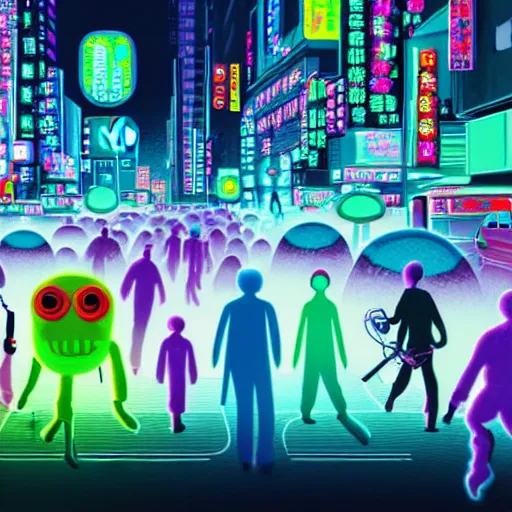 Image similar to giant colorful bright microbe and virus and dna and bacteriophage eat people in streets, neo - tokyo, realistic, 8 k, ultra detailed