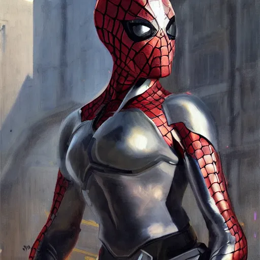 Image similar to greg manchess portrait painting of partially armored female iron spiderman as overwatch character, medium shot, asymmetrical, profile picture, organic painting, sunny day, matte painting, bold shapes, hard edges, street art, trending on artstation, by huang guangjian, gil elvgren, ruan jia, greg rutkowski, gaston bussiere