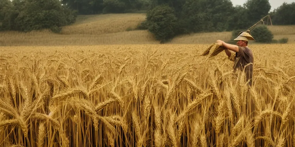 Prompt: a beautiful view of a farmer working in wheat field and there is a beautiful jungle behind the field, professional photography