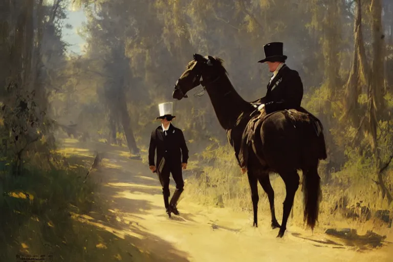 Image similar to portrait of a respectable dignified royal business elite politician wearing a top hat and coat tails riding on an emu, art by anders zorn, wonderful masterpiece by greg rutkowski, beautiful cinematic light, american romanticism by greg manchess, jessica rossier