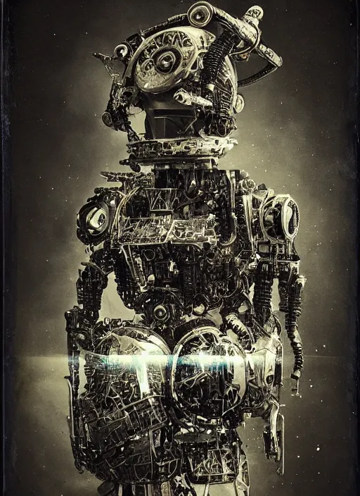 Prompt: old wetplate daguerreotype portrait of futuristic robot, explosion of data fragments, fractal, intricate, elegant, highly detailed, parallax, leica, medium format, subsurface scattering, by jheronimus bosch and greg rutkowski and louis jacques mande daguerre