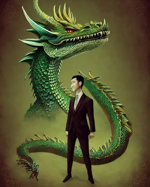 Image similar to anthropomorphic art of a businessman dragon, green dragon, portrait, victorian inspired clothing by artgerm, victo ngai, ryohei hase, artstation. fractal papers, newspaper. stock certificate, highly detailed digital painting, smooth, global illumination, fantasy art by greg rutkowsky, karl spitzweg