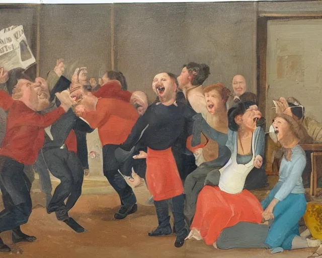 Prompt: a painting of group of stupid people yelling at each other