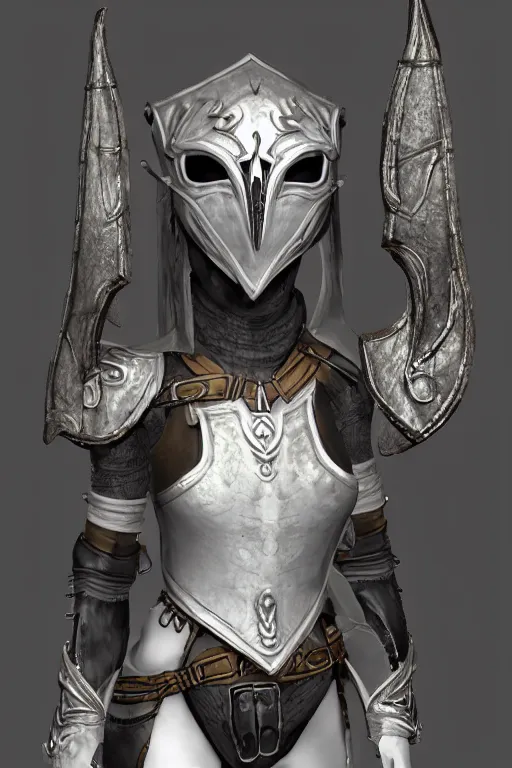 Prompt: female adventurer in tight full - body leather armor of dwemer design with white porcelain crow mask, trending in artstation, establishing shot
