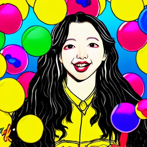 Image similar to an illustration that caricaturizes im nayeon of twice, colorful, bubbles, candy - coated, sugary sweet, yellows and blues