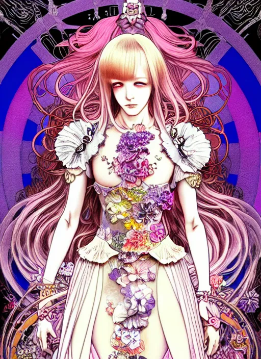 Image similar to artstation highly detailed terada katsuya fantasy bloom manga poster of girl mechine, rainbow gradient reflection, ayami kojima, long hair, armor, dress, laces, ruffles, 8 k, maximalist, alphonse mucha