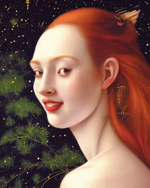 Image similar to a happy, modern looking young woman looking over shoulder, wonderful detailed dress, among the lights of golden fireflies and nature, long loose red hair, intricate details, green eyes, small nose with freckles, triangle shape face, smiling, golden ratio, high contrast, hyper realistic digital art by artemisia lomi gentileschi and caravaggio and artgerm.