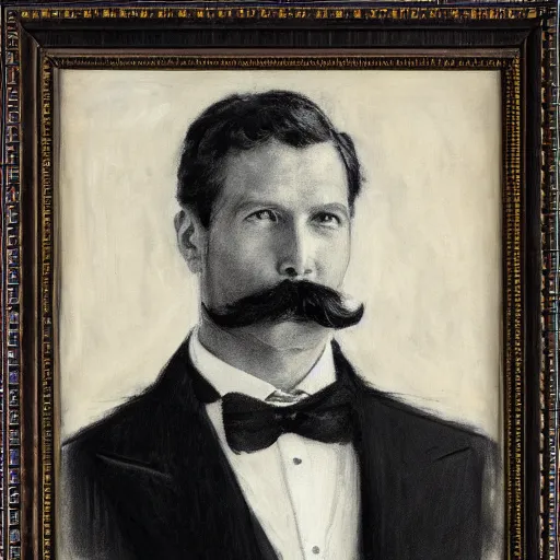 Image similar to portrait of an action hero, suit, bow tie, mustache, by alfred stevens in charcoal