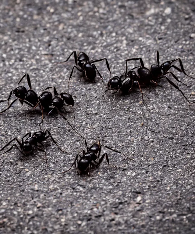 Image similar to high quality presentation photo of cute anthropomorphic black ants eating alien bugs, photography 4k f1.8 anamorphic bokeh 4k Canon Nikon