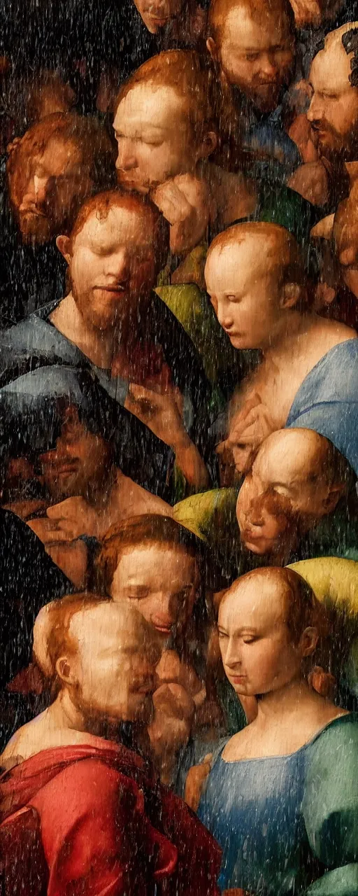 Image similar to hard rain pouring straight down, morning light, a hundred human figures smiling, renaissance painting, 8k, Trending on artstation, detailed.