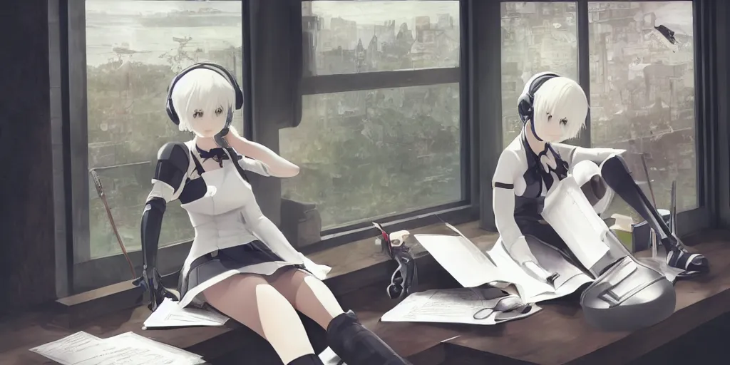 Prompt: 2b from nier automata sitting at a desk studying with cat ear headphones on, background is a tinted window looking out into a gigantic white Ghibli studio art, by Hayao Miyazaki, high quality anime, digital art, detailed facial features, imaginary slice of life