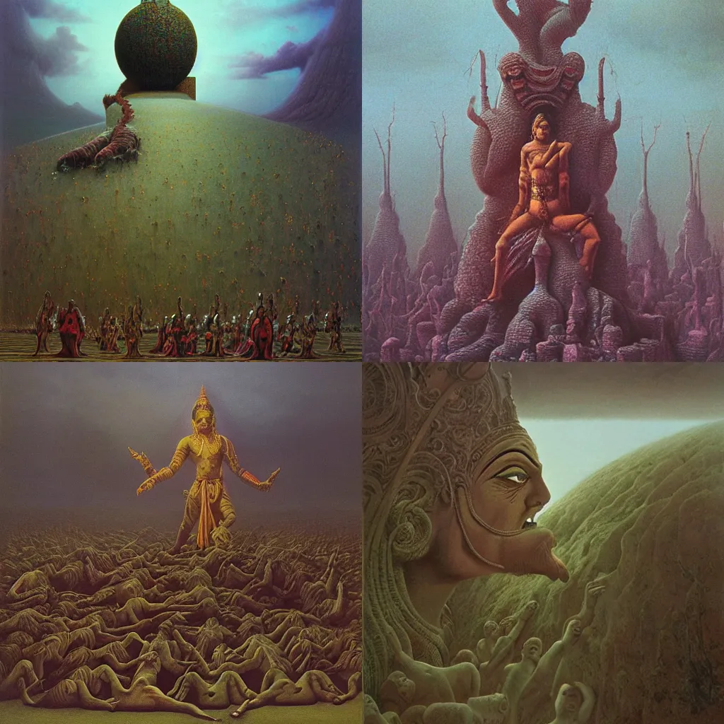 Prompt: an epic cinematic scene from Ramayan, by Zdzisław Beksiński, oil on canvas,