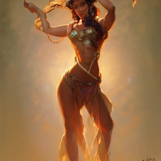 Image similar to a young female brown skinned brown haired genie, with abs, emerging from a lamp intricate, elegant, highly detailed, digital painting, artstation, concept art, smooth, sharp focus, illustration, art by artgerm and greg rutkowski and alphonse mucha