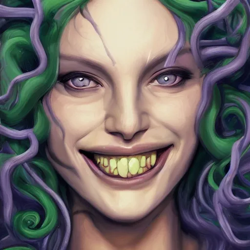 Prompt: medusa portrait painting, wicked smile, artstation, detailed, blurred background