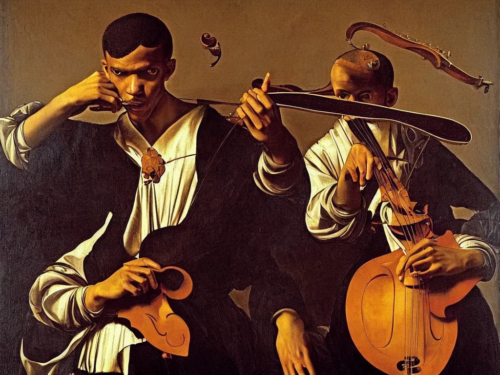 Image similar to a masterpiece portrait of stromae as a bard with a mandolin by caravaggio, epic composition, exquisite details, dark mood,