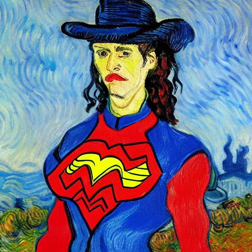 Prompt: Portrait painting of modern Vincent Van Gogh but in a Wonder Woman costume cosplaying as Gal Godot Wonder Woman Superhero by Claude Monet, original Post Impressionist art