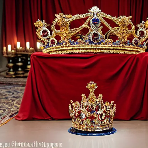 Image similar to a large ornate crown with sapphires and engraved runes, placed upon a crimson altar, photo